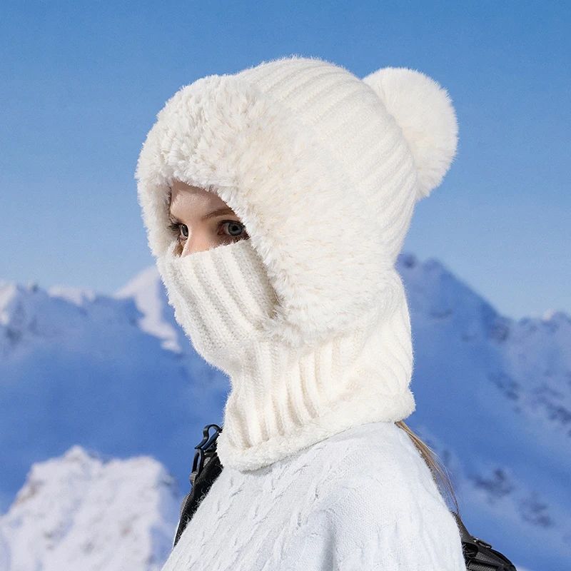 Women's Hooded Knit Balaclava Hat – Winter Velvet Fluffy Ear Protection Neck Warmer