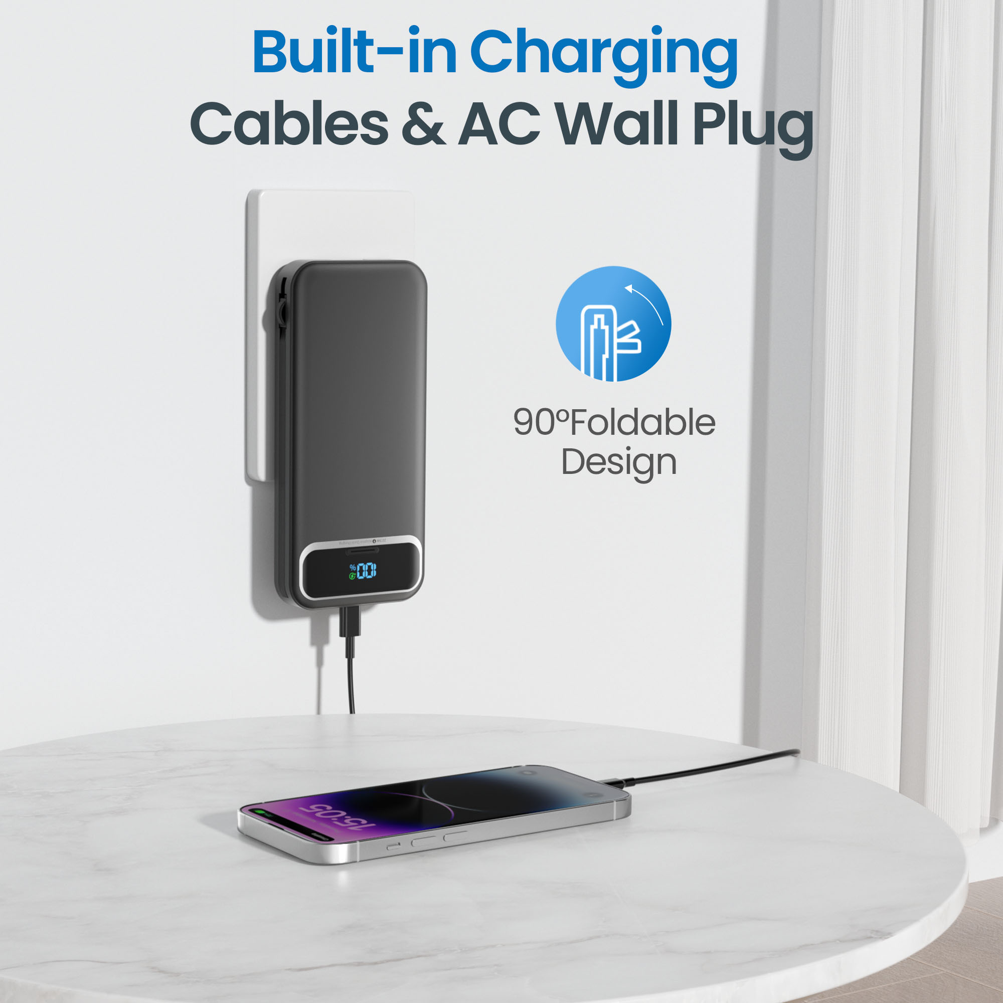 Ultra Thin 12000mAh Portable Power Bank with Built-in Cables and 20W Fast Charging