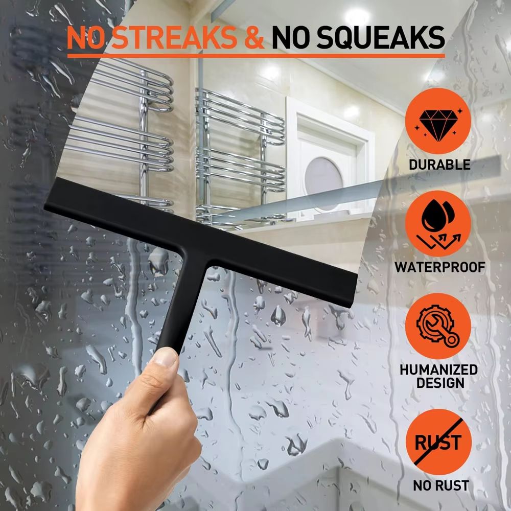 Matte Black Shower Squeegee - Silicone Streak-Free Glass and Window Cleaner
