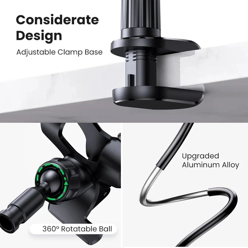 Universal Adjustable Phone Stand with Rotating Clip - Bedside & Desk Hands-Free Holder