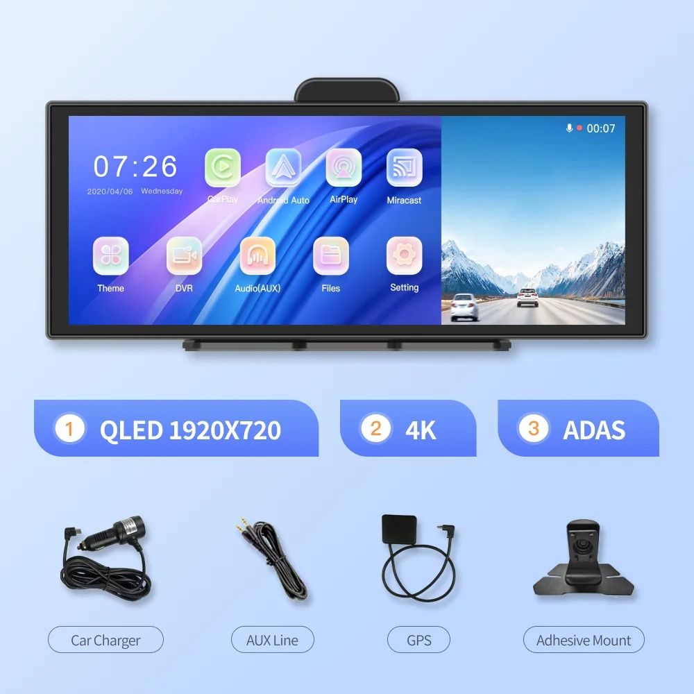 11.4 inch 4K Dash Cam with Wireless CarPlay and Android Auto