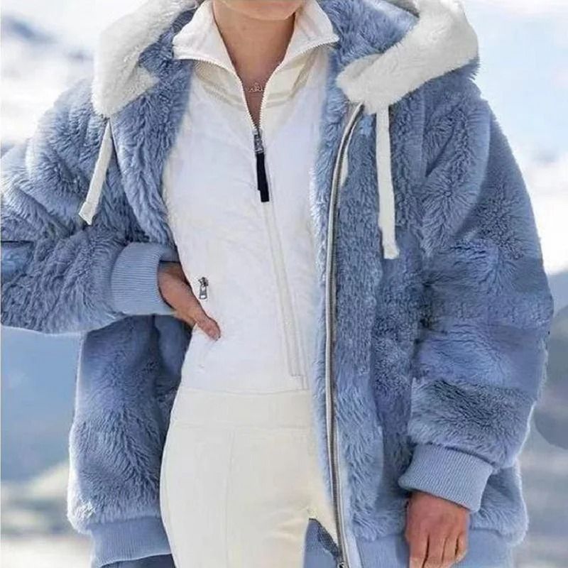 Cozy Womens Plush Hooded Jacket Loose Zip Up Winter Fleece Coat