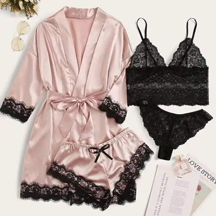 Womens Fashion Print Satin Pajama Set – Sexy Lace Trim Faux Silk Gown & Skin-Friendly Loungewear