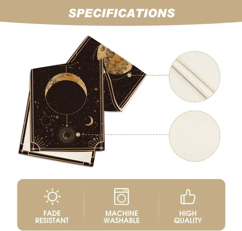 Mystical Moon Phase Linen Table Runner with Astrology Celestial Design