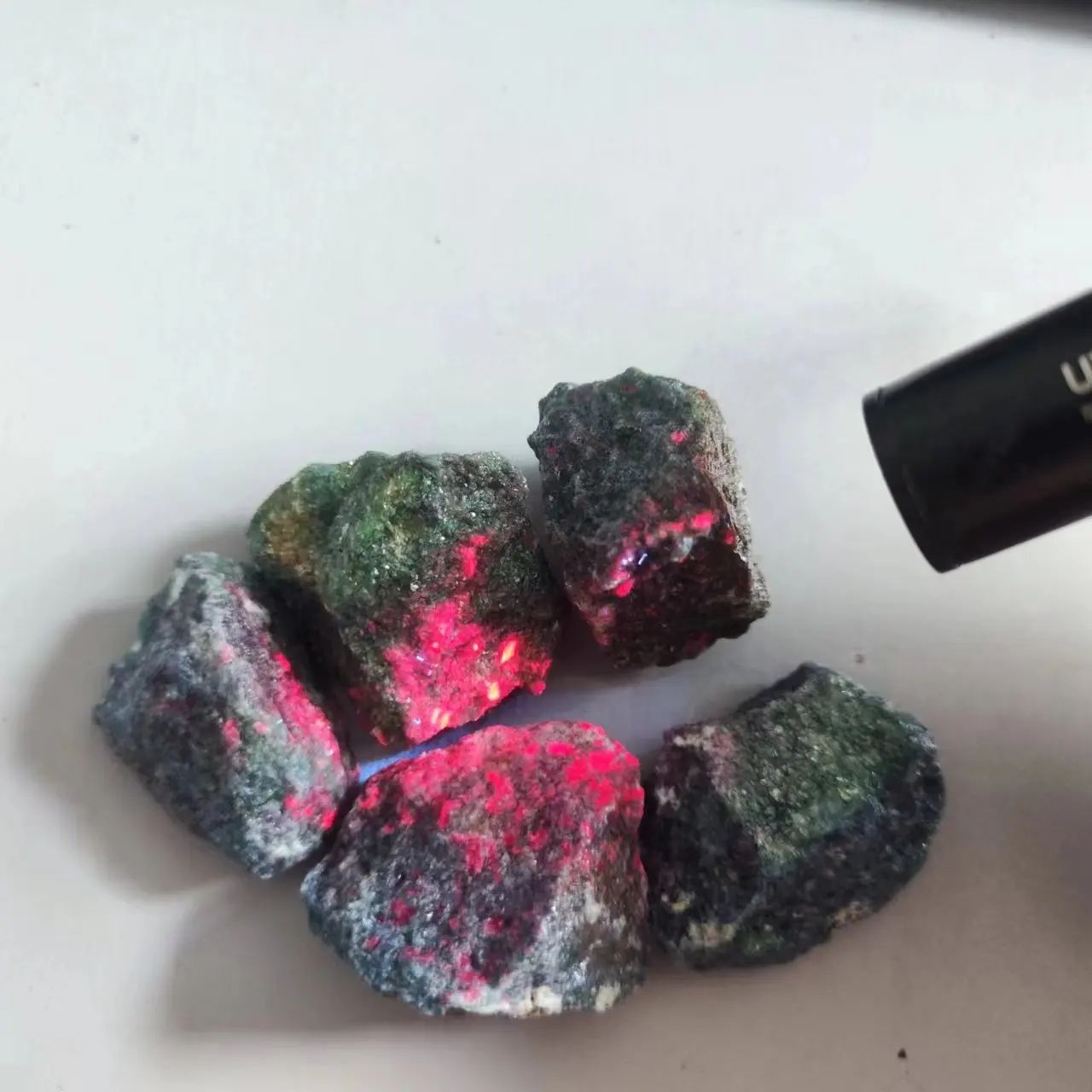 Natural Raw Gemstone Specimen Set with UV Fluorescence Display