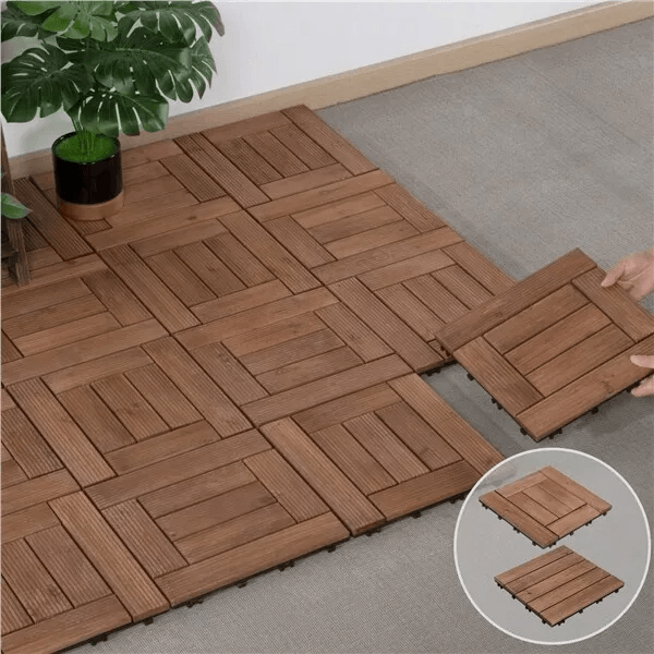Interlocking Deck Tiles Wood Flooring Solid Wood Brown Patio Tiles for Outdoor, Garden, Balcony, and Terrace Renovation
