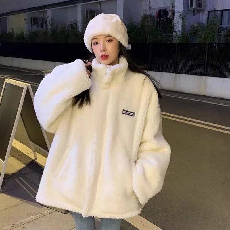 Thickened lamb wool stand collar cotton padded coat women loose fit petite