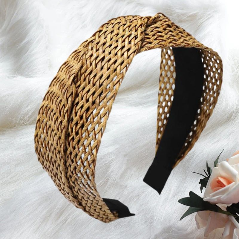 Weaving Cross Hair Hoop, Beach Style Straw Headband, Wide-Brimmed Headwear