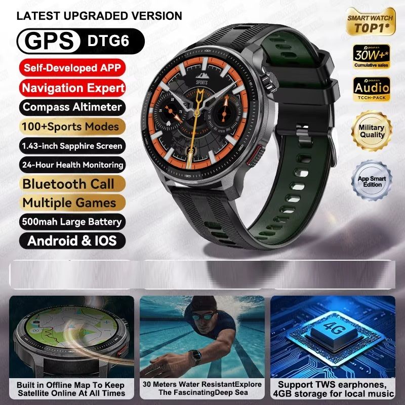 Military GPS Smartwatch with Offline Maps Storage Waterproof Fitness Watch