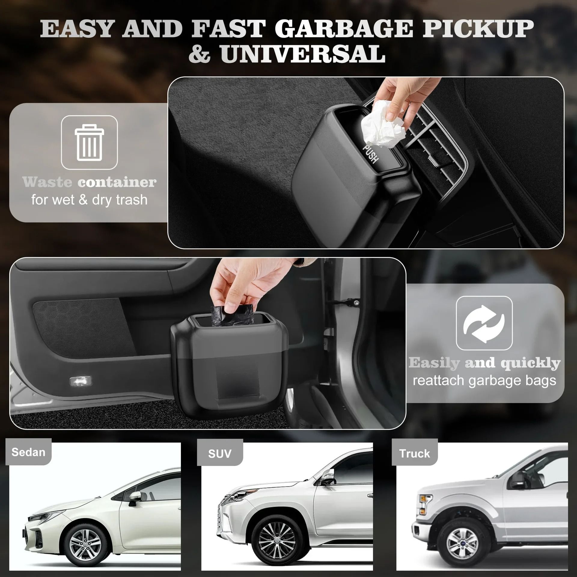 Mini Car Trash Can with Built in Storage Box and Hanging Design