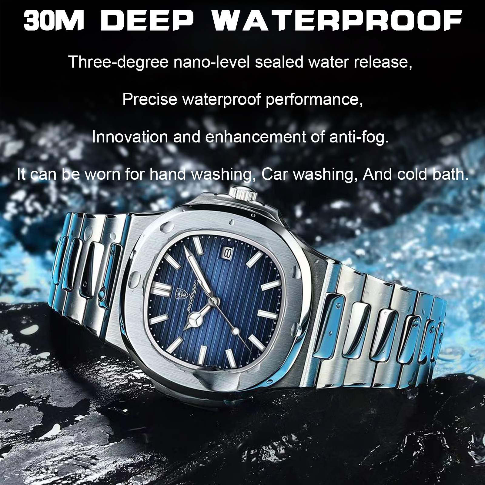 Luxury Brand Men Quartz Wristwatch, Stainless Steel Waterproof Luminous Date, Square Business Watch for Men