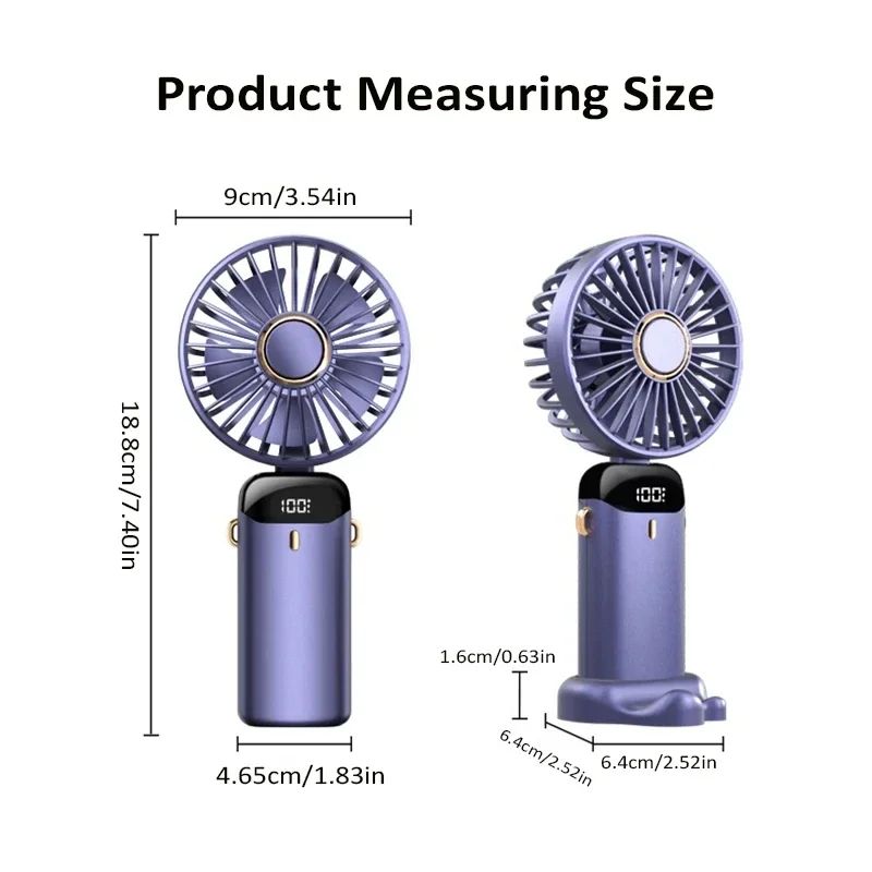 Foldable Handheld Mini Fan with Neck Hanging Design, 5 Speed USB Rechargeable Fan with Phone Stand, LED Display and 1800