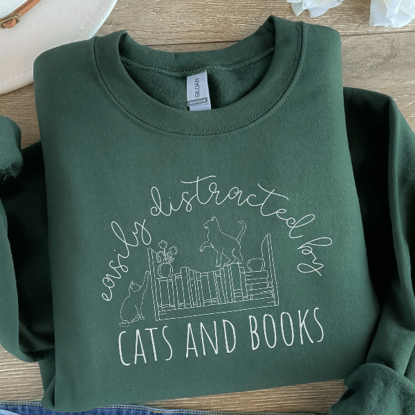 Cute Cat Bookish Sweatshirt for Women Book Lover Cat Reading Crewneck Funny Bookworm Pullover