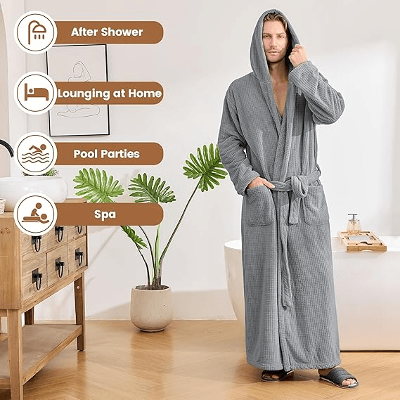 Men's Hooded Bathrobe, Soft Fluffy Robe, Long Quick Dry Sleepwear, Home Gown