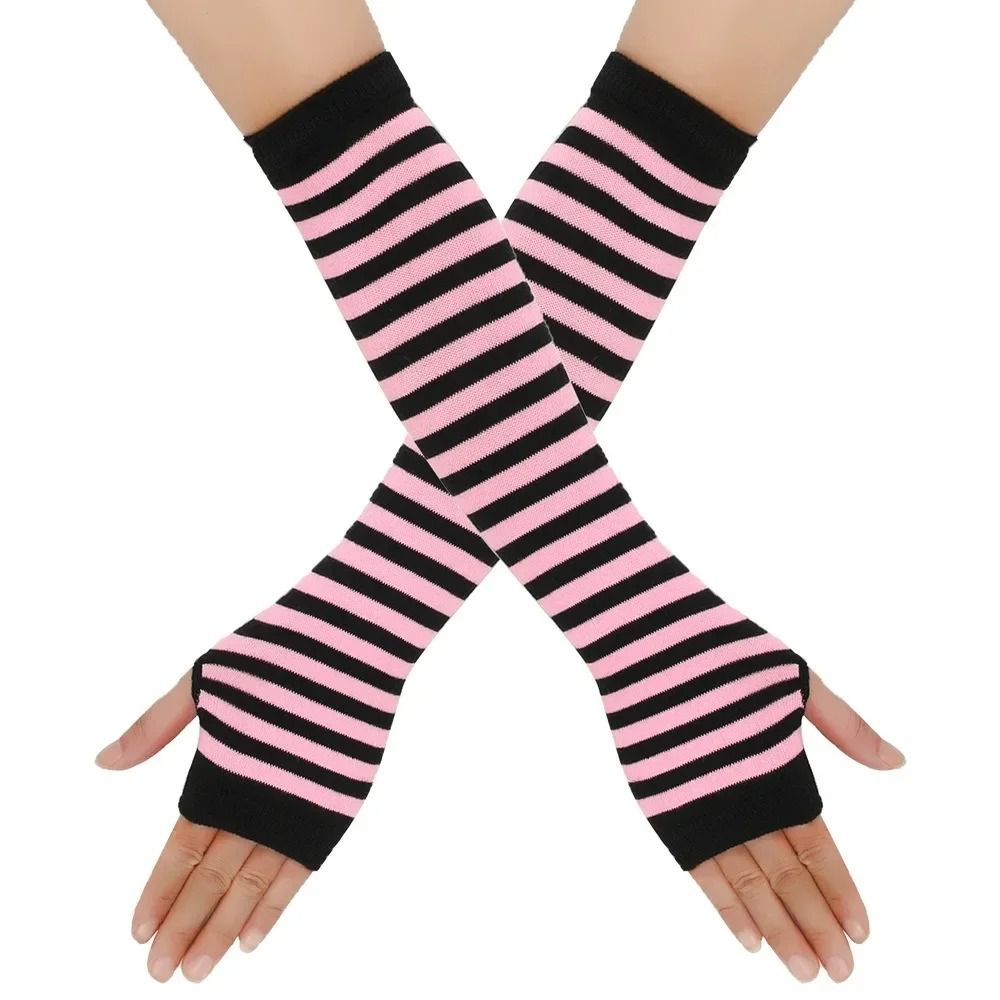 Warmer Knitted Long Fingerless Gloves Lady Striped Elbow Mittens