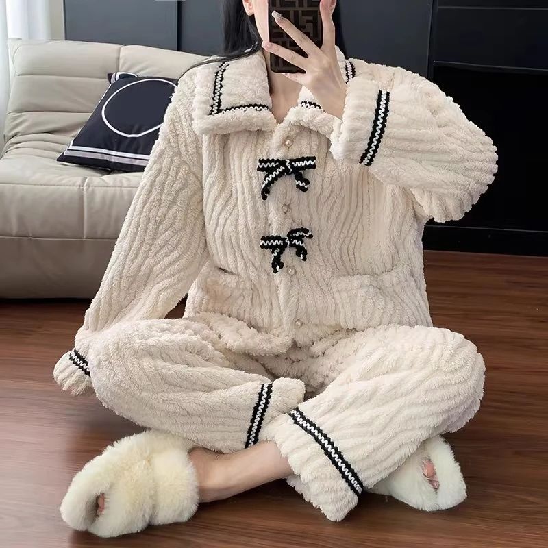 Women Autumn Winter Thick Warm Pajama Set 2 Pieces