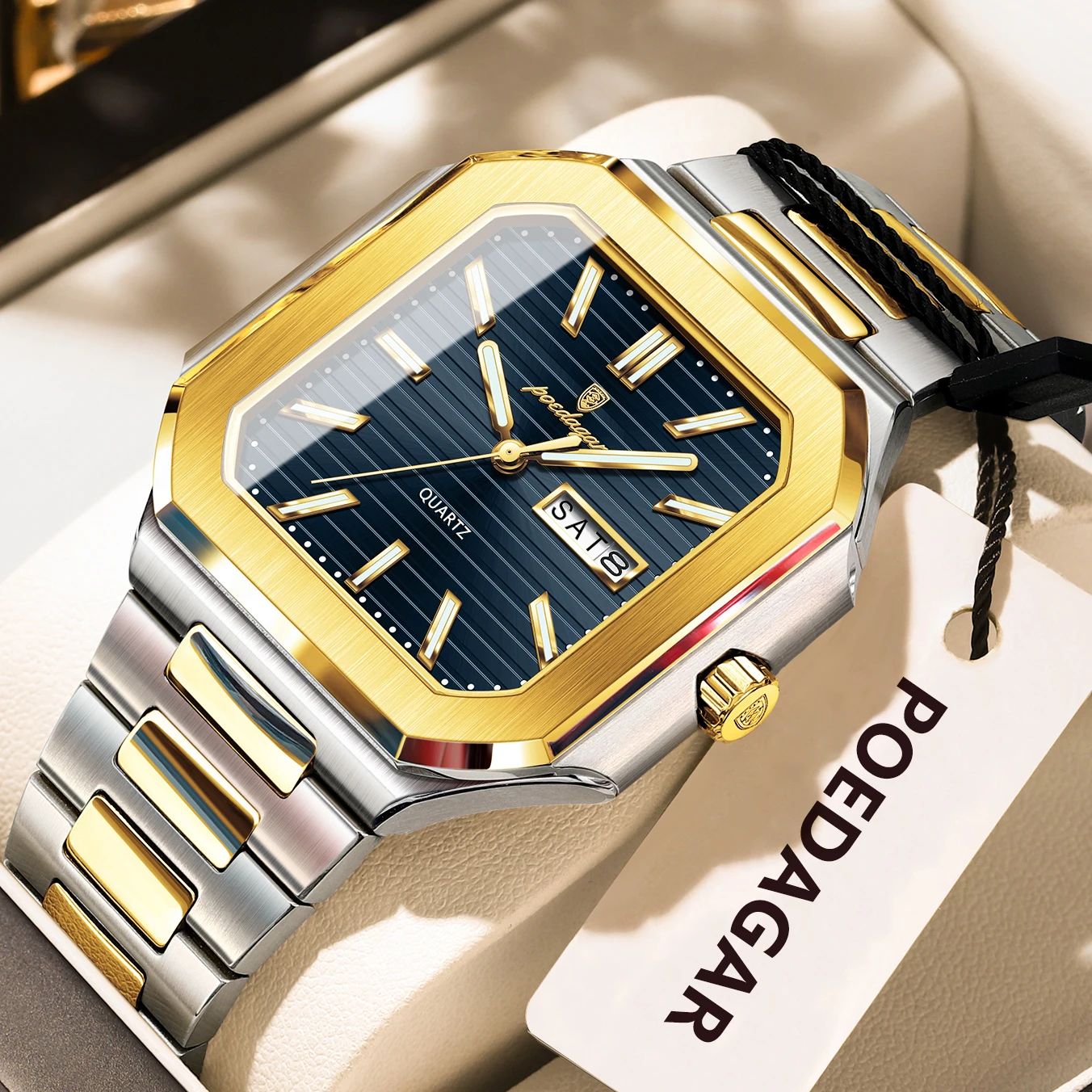 POEDAGAR Luxury Square Waterproof Men's Quartz Watch with Luminous Date & Week