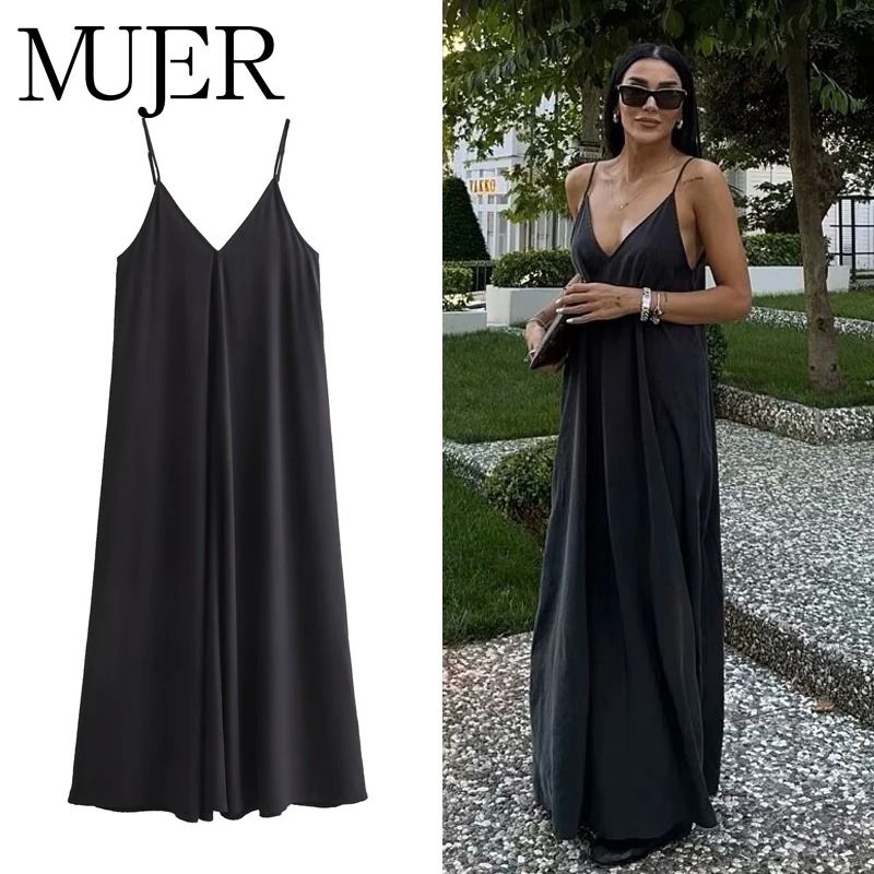 MUJER Black Slip & Red Draped Backless Maxi Dress