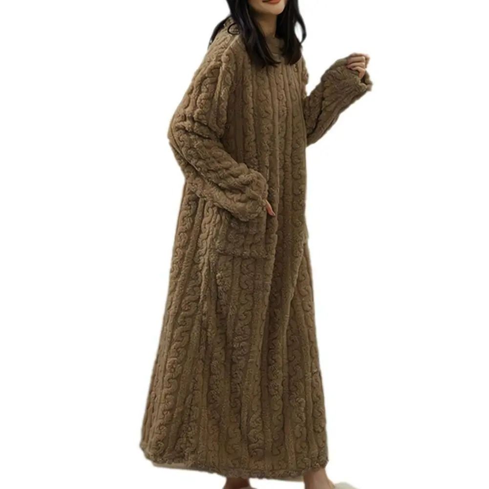 Women Winter Flannel Nightgown Long Sleeve Warm Sleepwear Dress