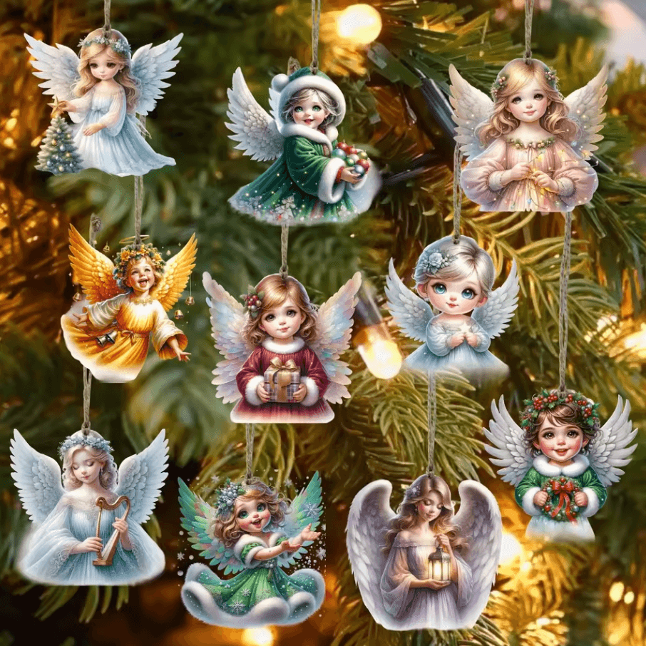 10PCS Handmade Wooden Christmas Angel Ornaments with Rope – Rustic Holiday Tree Decoration