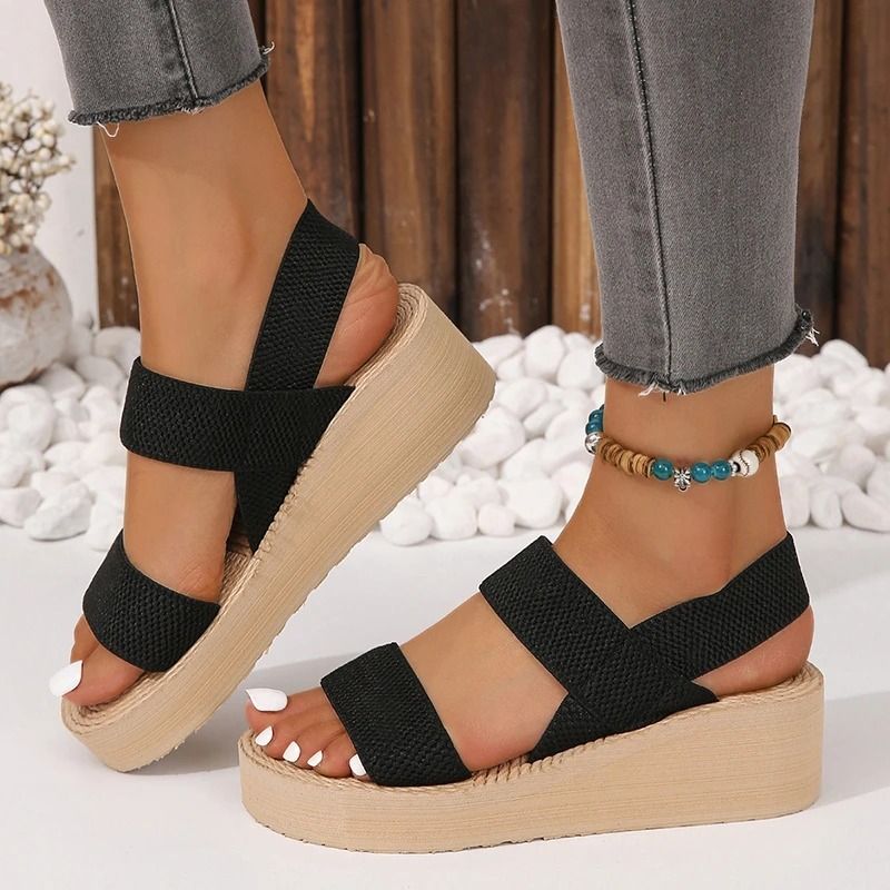 Women Knit Elastic Cloth Wedge Sandals Slip On Lightweight Walking Sandals