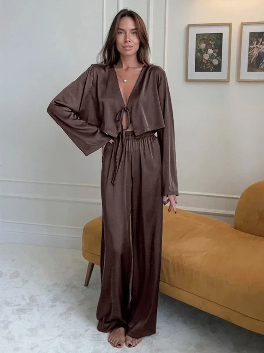 Blubelle Silk-Style Cardigan Pajama Set – Loose Long Sleeve Home Clothing