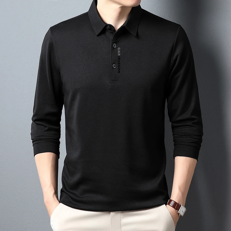 Casual Mens Waffle Long Sleeved POLO Shirt, Letter Printed Lapel Top