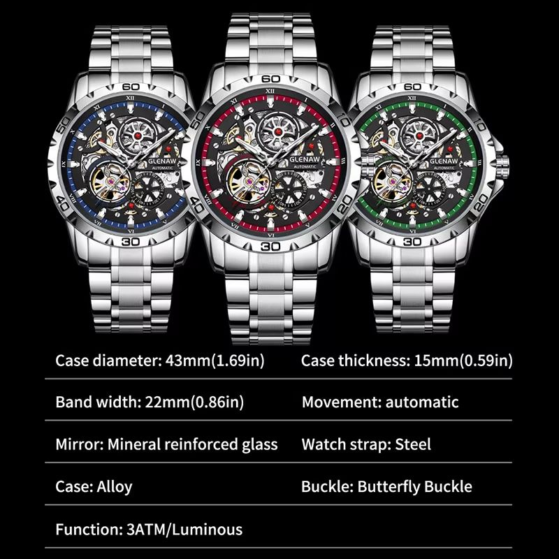 GLENAW Steampunk Skeleton Automatic Men's Watch – Luxury Mechanical Watch with Luminous Waterproof Design