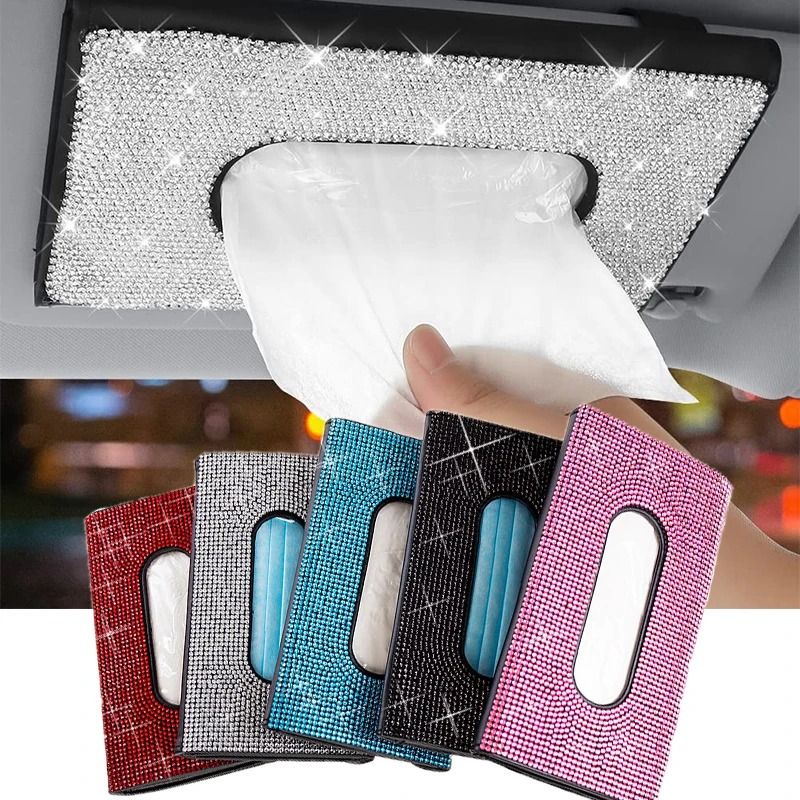 Bling Crystal Car Tissue Box Sun Visor Hanging Holder with Diamond Leather Design