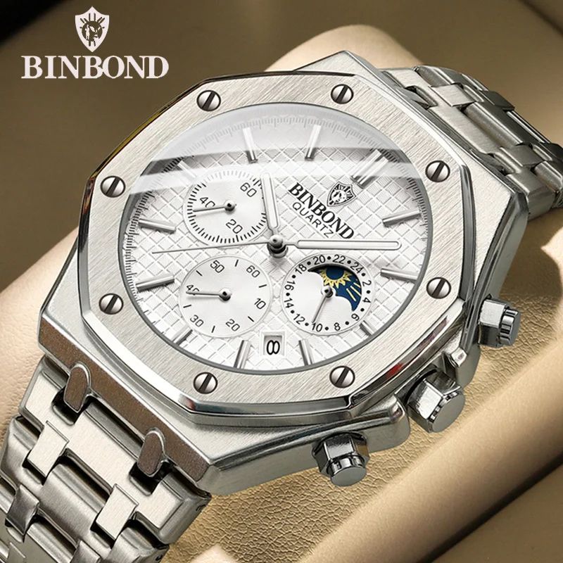 BINBOND B0161 Luxury Stainless Steel Men's Quartz Watch with Luminous Date & Chronograph