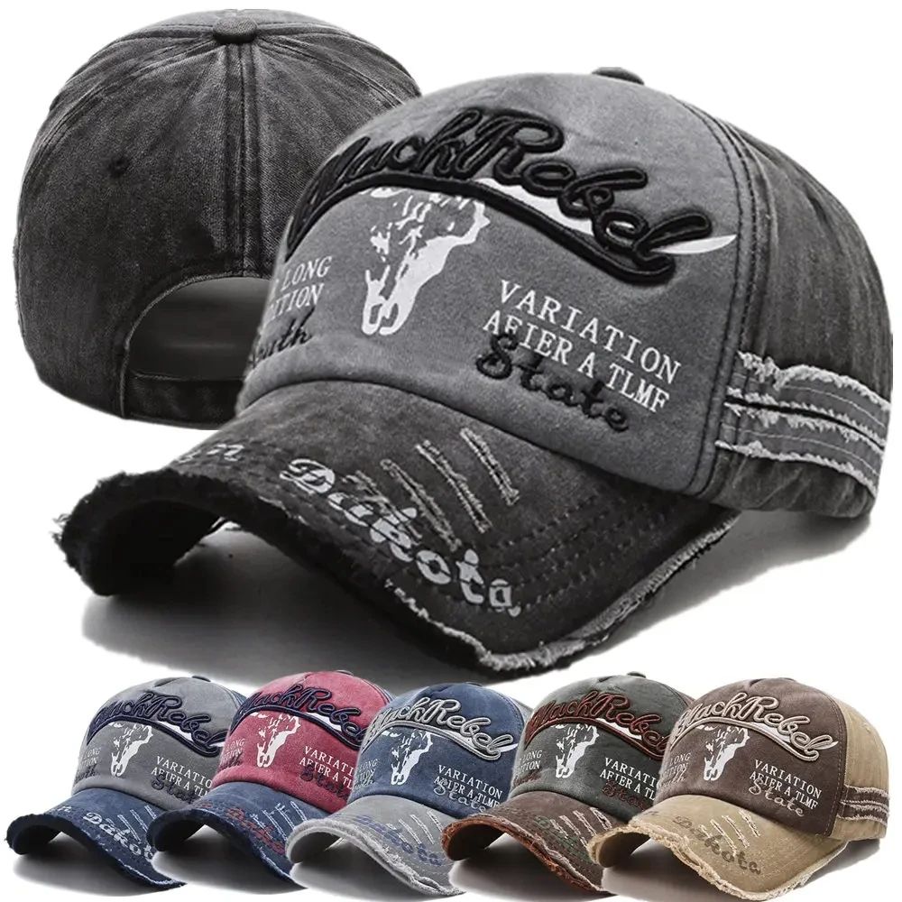 Vintage Washed Cotton Baseball Cap – Embroidered Letter Cow Head Adjustable Hat