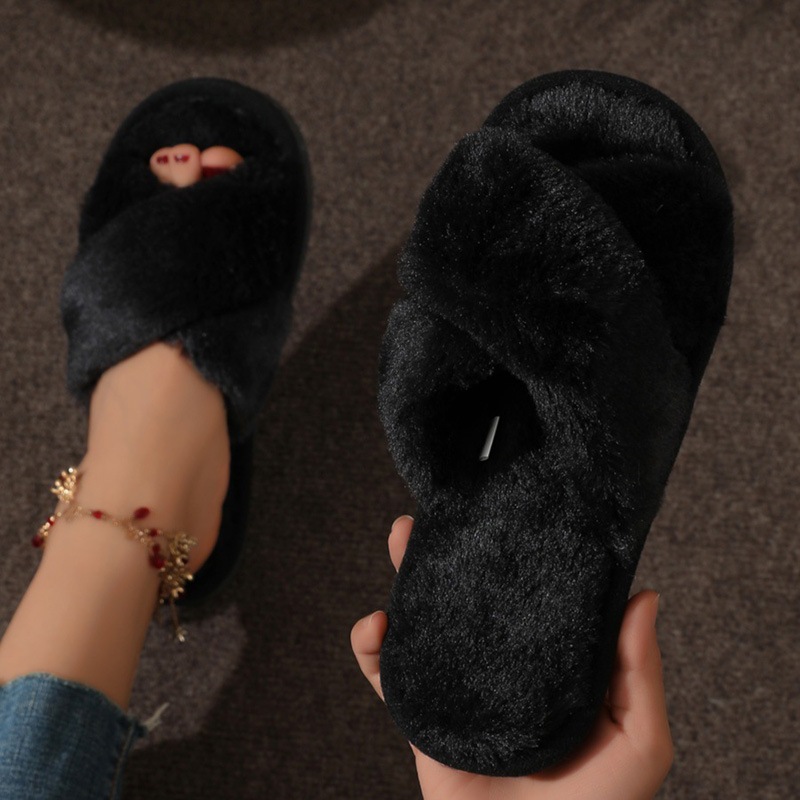 Fashion Cross Strap Faux Fur Slippers Cozy Indoor Plush Slippers for Women Light Warm Home Slides with Flat Heel