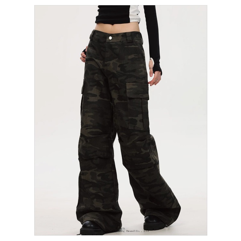 Women's High Waist Loose Fit Jeans, American Straight Leg Trousers, Multi Pocket Cargo Overalls