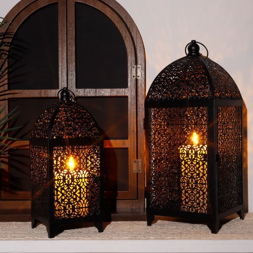 2 Pcs Black Metal Candle Lanterns | Ornate Hollow Pattern Hanging Holders for Garden, Patio & Modern Home Decor