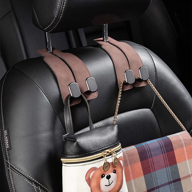 Car Headrest Hook Premium Suede Dual Hanger Alloy Hook for Rear Seat Bag Purse Storage Organizer Universal Fit