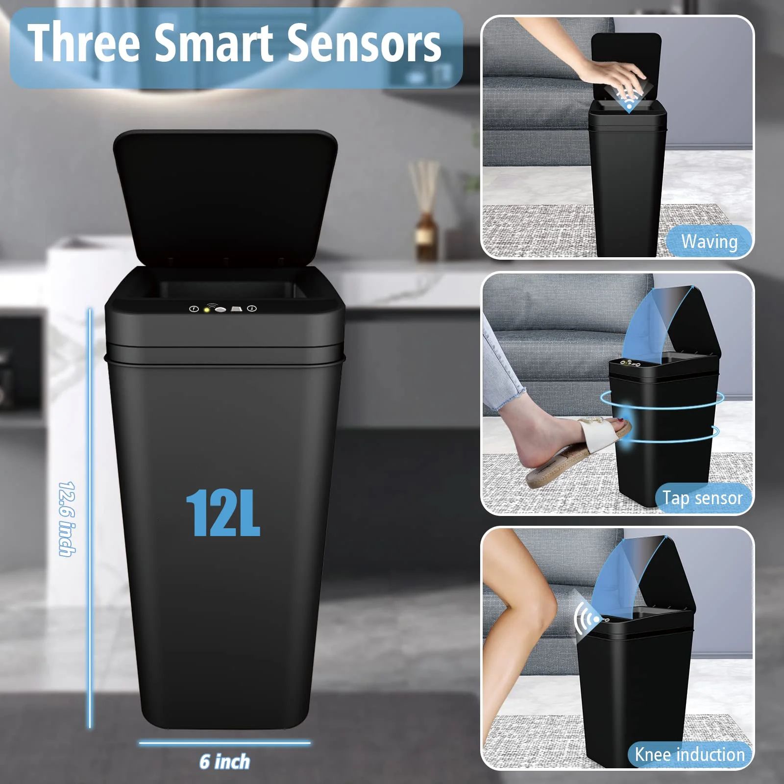 Touchless Motion Sensor Bathroom Trash Can with Lid