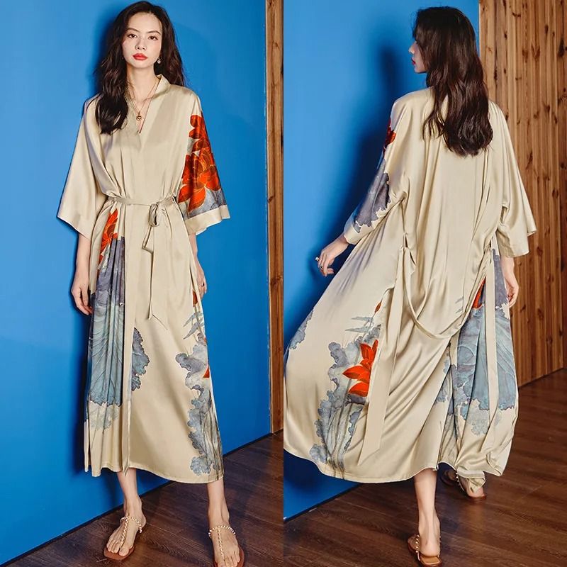 New Spring Summer Female Long Robe Set – Sexy Flower Print Kimono & Silk Satin Casual Lounge Wear