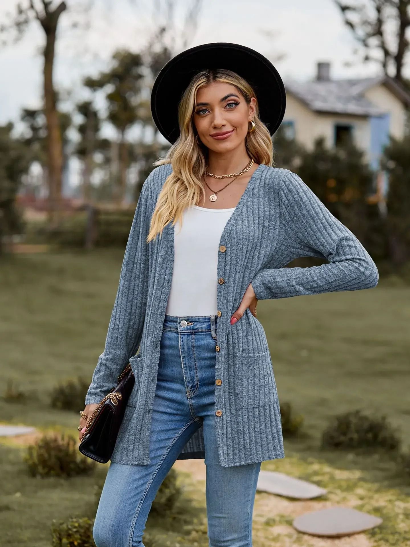 Women Long Sleeve Button V Neck Casual Cardigan Jacket