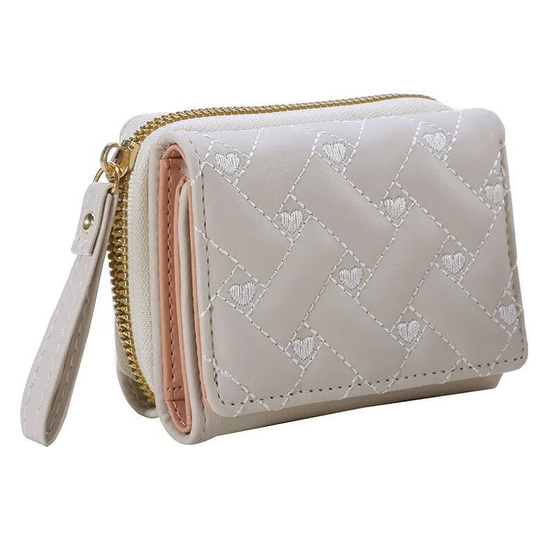 Women PU Leather Embroidered Love Trifold Small Wallet Card Holder