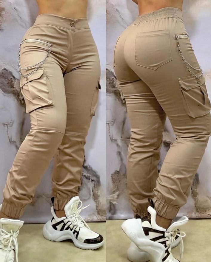 Womens Autumn Winter Cuffed Cargo Pants Casual Work Pants Chain Decor