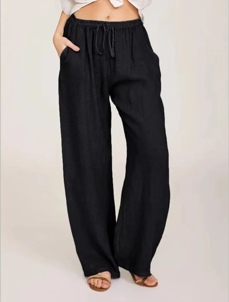 Womens Cotton Linen Wide Leg Pants – Casual Loose Trousers with Elastic Waist & Pockets