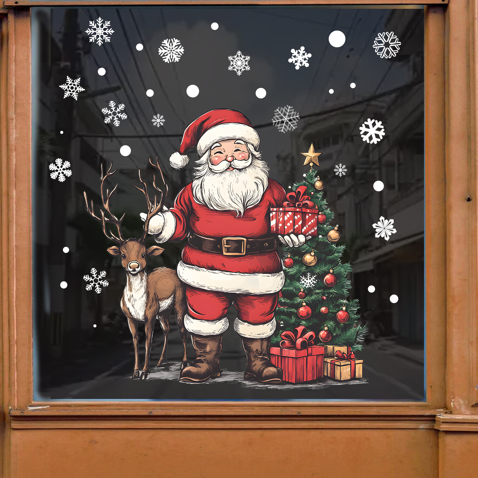 Santa Claus and Reindeer Decorative Stickers, Christmas Holiday Home Wall Stickers for Window Decoration