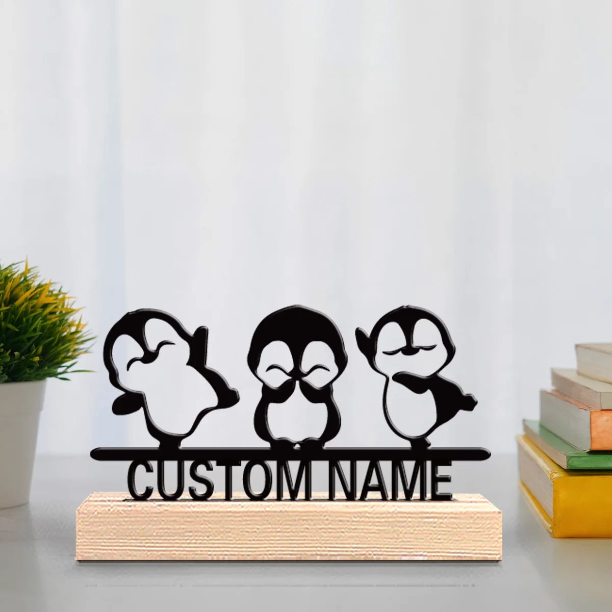Personalized Penguin Family Statue with Wooden Base – Custom metal penguin decor for Desk, Shelf, or Gift