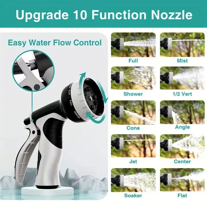 Heavy Duty Garden Hose with Stainless Steel Pipe and Adjustable 10-Function Spray Nozzle
