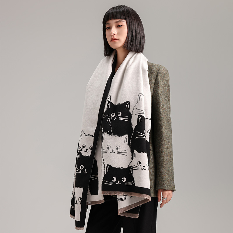 Winter Thick Warm Pashmina Cashmere Scarf for Women, Cute Cat Jacquard Ladies' Shawl, Coldproof Windproof Blanket Wrap