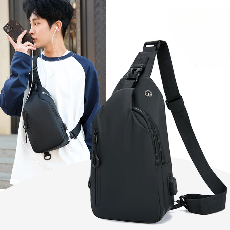 Mens Fashion Chest Bag Solid Color One Shoulder Crossbody Bag with USB Charging Outdoor Casual Nylon Shoulder Bag