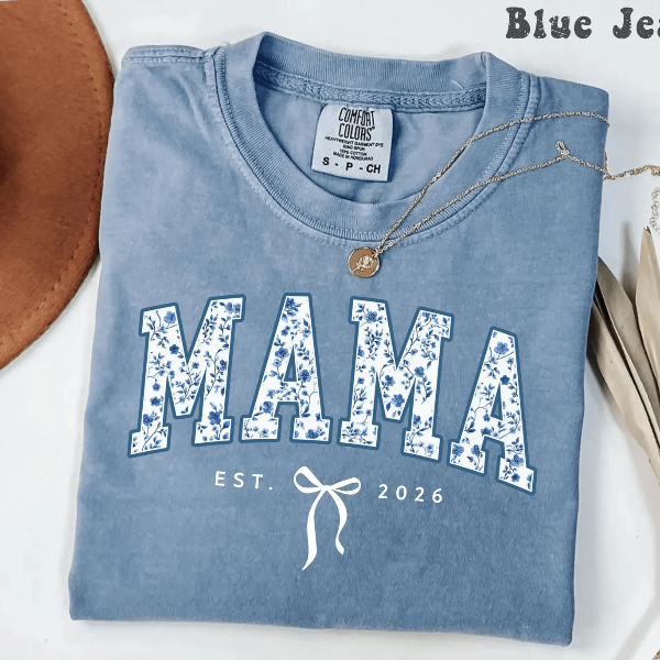 Personalized Mama Shirt Comfort Colors Blue Toile Floral Est Year Coquette Mom Tee Gift