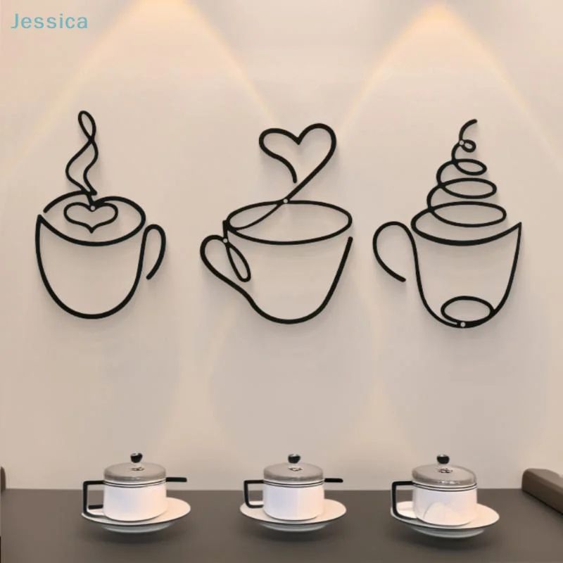 Black Metal Coffee Cup Wall Art – Modern Iron Coffee Bar Decor for Kitchen & Cafe