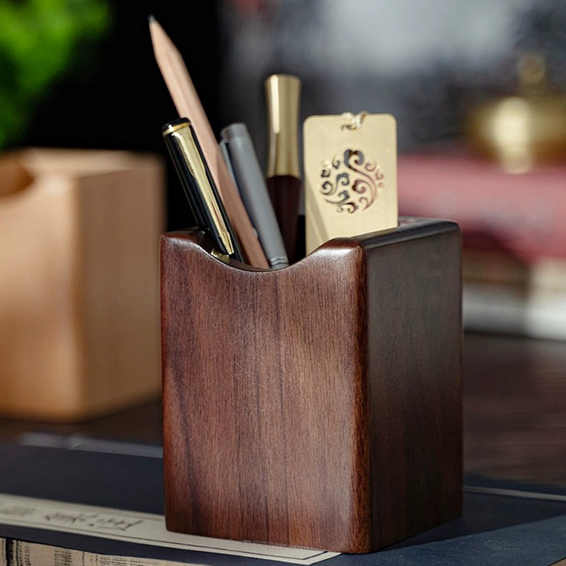 Natural Walnut Pen Holder, Wooden Ink Pen Storage Case for Desk, Writing Stationary Organizer, Office School Supplies