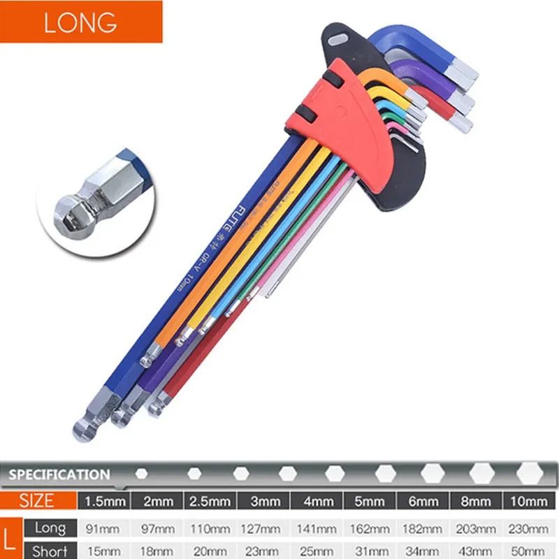 Allen Key Set Long Arm Hex Wrench Kit 9 Piece 1.5mm to 10mm